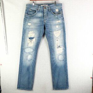 Meltin Pot Jeans Mens 32X34 Blue Stone Wash Distressed Straight Made In Italy